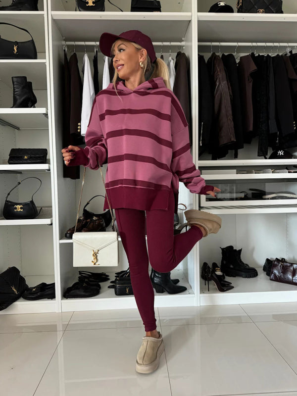 Striped Hoodie & Leggings Duo Loungewear Set Outfit Sets | Chuzko.com