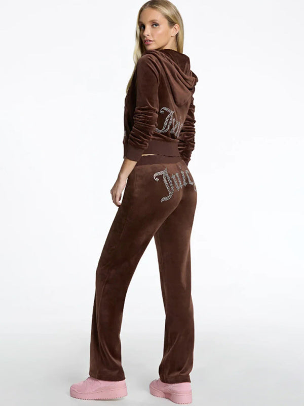 Velvet 2 Piece Tracksuit Hoodie & Velour Flared Pants Outfit Set | Chuzko.com