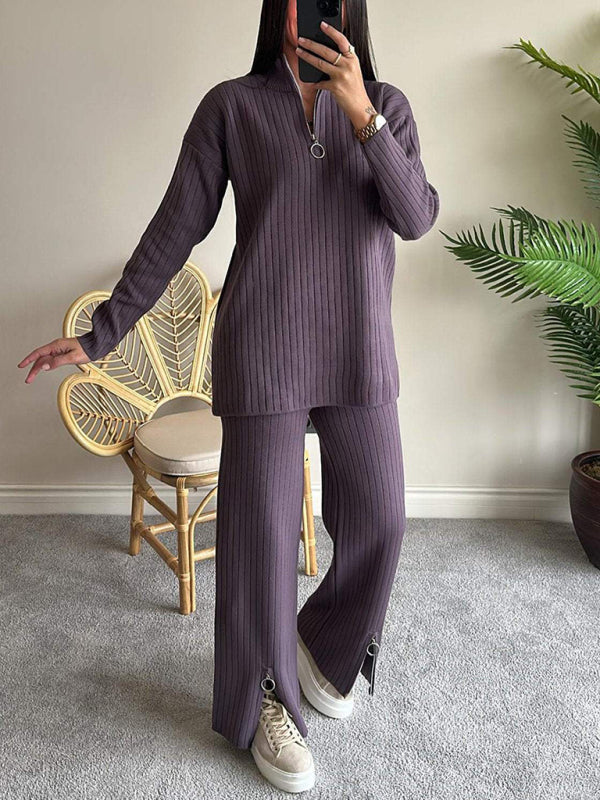 Ribbed Zip Loungewear Pants and Top Outfit Sets | Chuzko.com