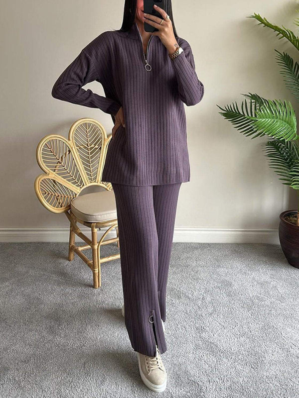 Chic Ribbed Loungewear Set with Zip Details for Fall	