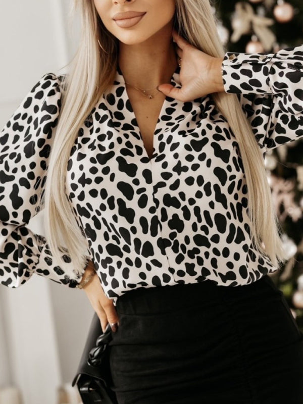 Lantern Sleeve V-Neck Blouse Business Casual Shirt Blouses | Chuzko.com