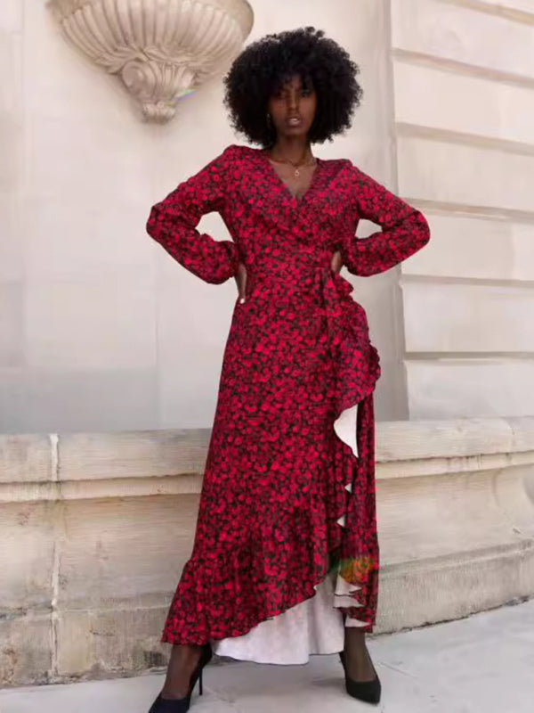 Flowy Wrap Maxi Dress with Lantern Sleeves Maxi Dresses | Chuzko.com