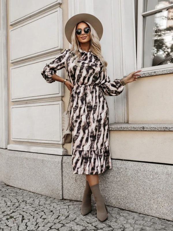 Bow Neckline Gathered Waist Midi Dress with Long Sleeves Midi | Chuzko.com