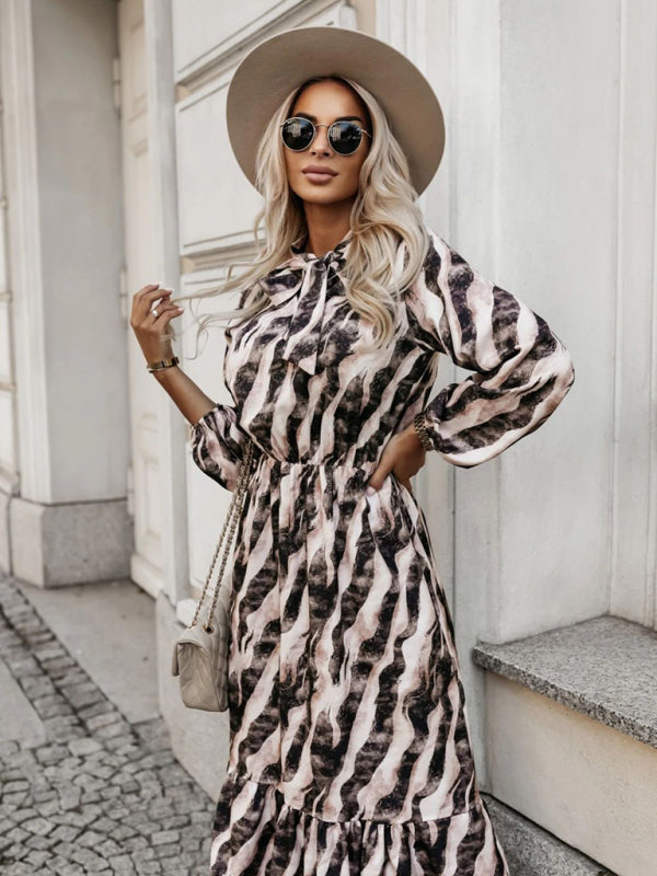 Chic Abstract Print Midi Dress with Bow & Lantern Sleeves	