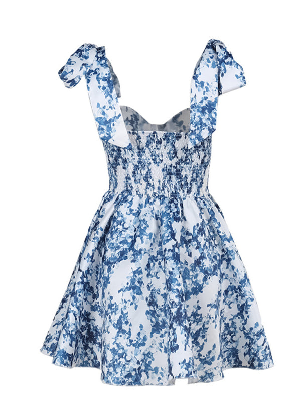 Ribbon-Tied Floral Blue Print Mini Dress Party Dresses | Chuzko.com