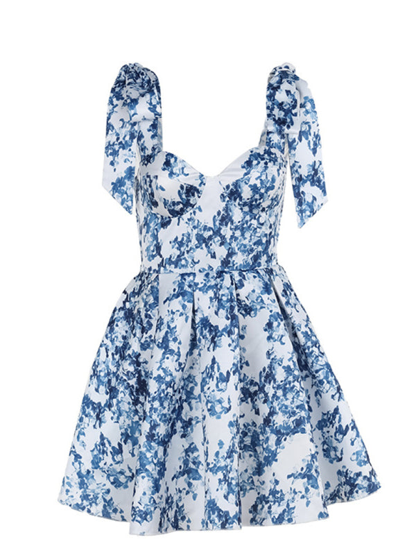 Ribbon-Tied Floral Blue Print Mini Dress Party Dresses | Chuzko.com