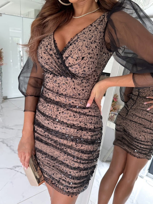 Sequin Tulle Overlay Ruched Mini Dress Bodycon Dresses | Chuzko.com