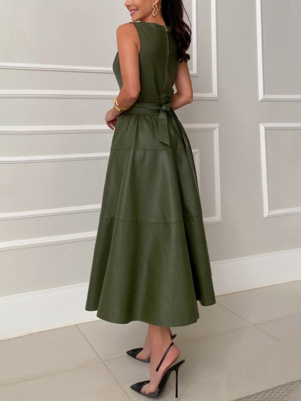 Elegant Belted Leather A-Line Midi Dress Elegant Dresses | Chuzko.com