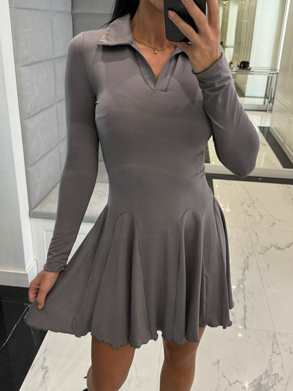 Sporty Drop-Waist Polo Collar Mini Dress Casual Dresses | Chuzko.com