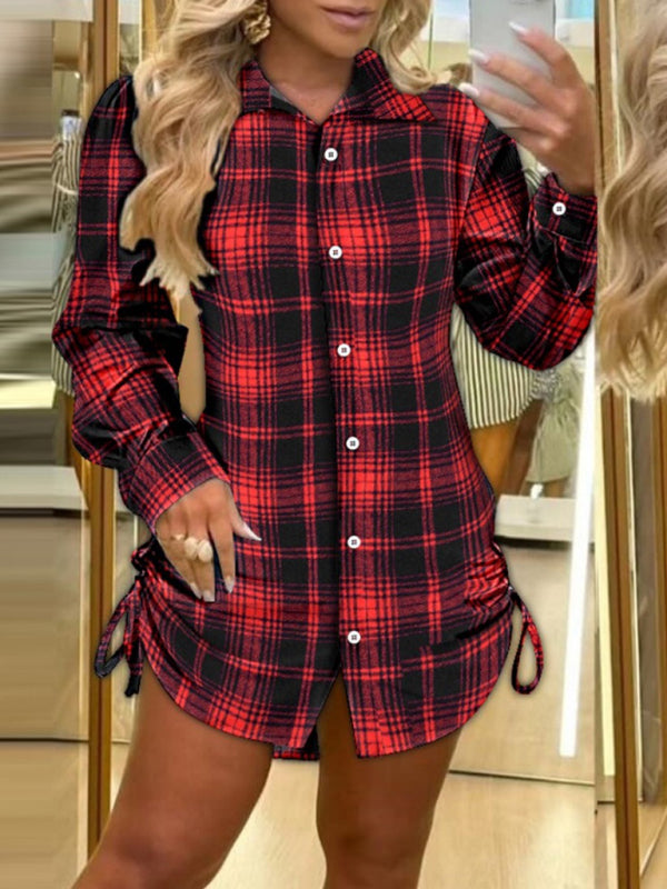 Tailored Fit Drawstring Side Plaid Dress Shirt Dresses | Chuzko.com