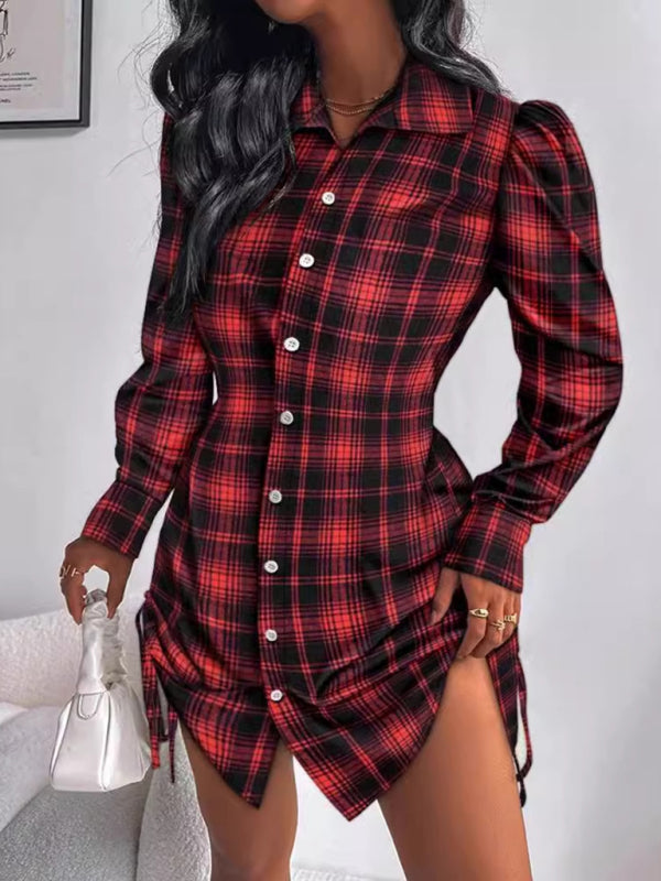 Tailored Fit Drawstring Side Plaid Dress Shirt Dresses | Chuzko.com