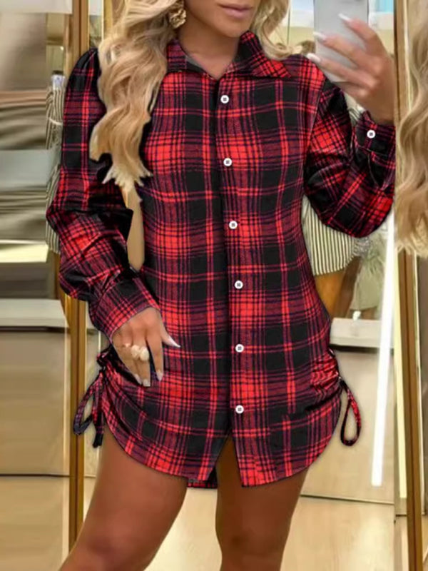 Tailored Fit Drawstring Side Plaid Dress Shirt Dresses | Chuzko.com