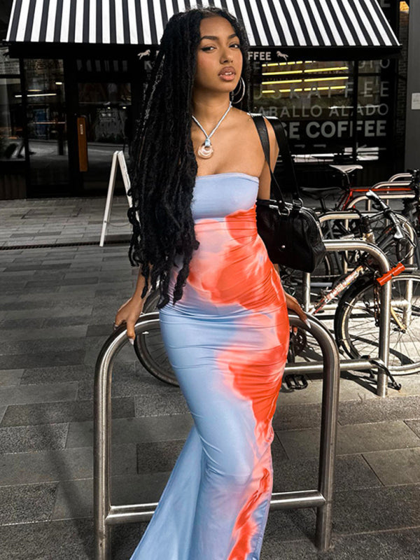 Strapless Tie Dye Maxi Dress Tube Dresses | Chuzko.com