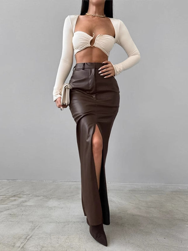 Faux Leather Maxi Skirt with Slit Maxi Skirts | Chuzko.com