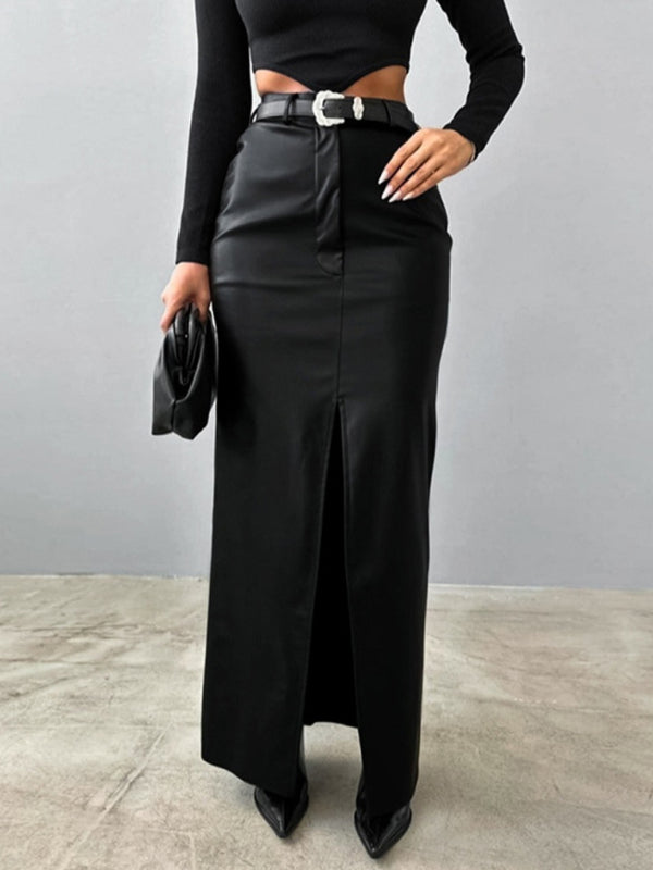 Faux Leather Maxi Skirt with Slit Maxi Skirts | Chuzko.com