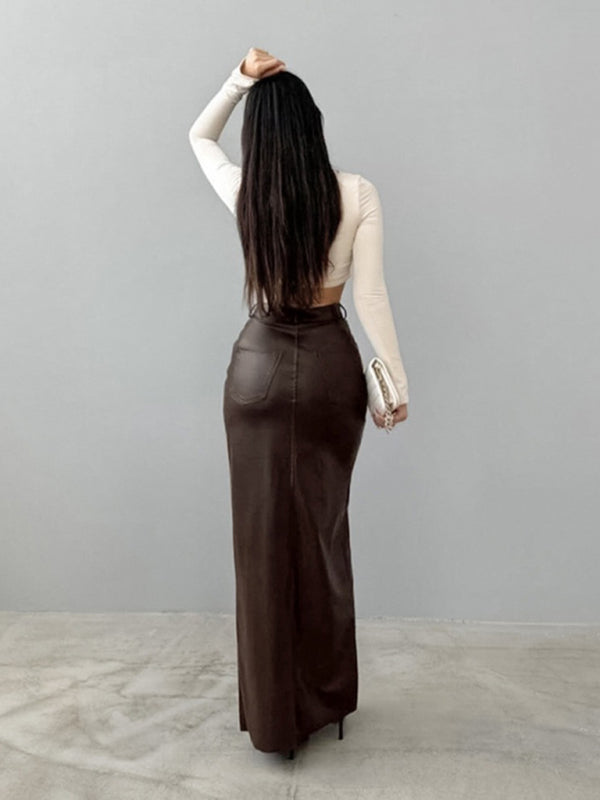 Faux Leather Maxi Skirt with Slit Maxi Skirts | Chuzko.com