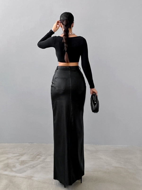 Faux Leather Maxi Skirt with Slit Maxi Skirts | Chuzko.com