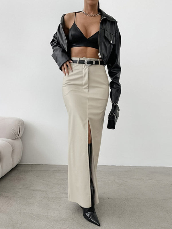 Faux Leather Maxi Skirt with Slit Maxi Skirts | Chuzko.com