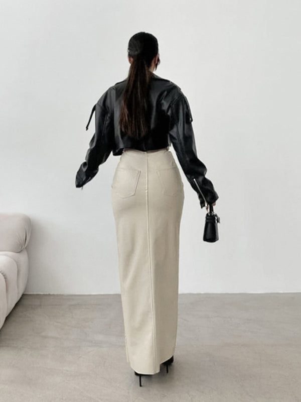 Faux Leather Maxi Skirt with Slit Maxi Skirts | Chuzko.com