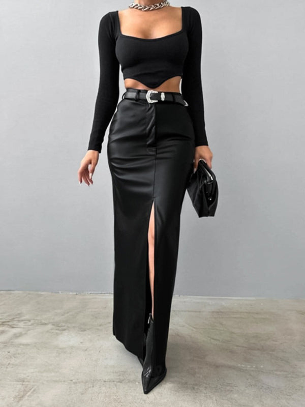 Faux Leather Maxi Skirt with Slit Maxi Skirts | Chuzko.com