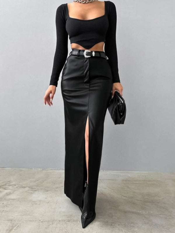 Faux Leather Maxi Skirt with Slit Maxi Skirts | Chuzko.com