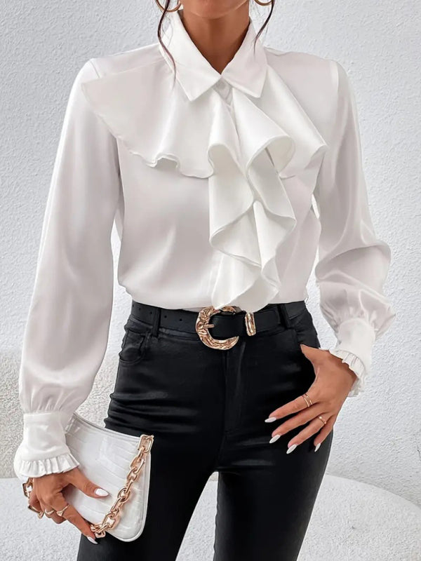 Ruffle Front Blouse Long Sleeve Women Shirt for Business Blouses | Chuzko.com