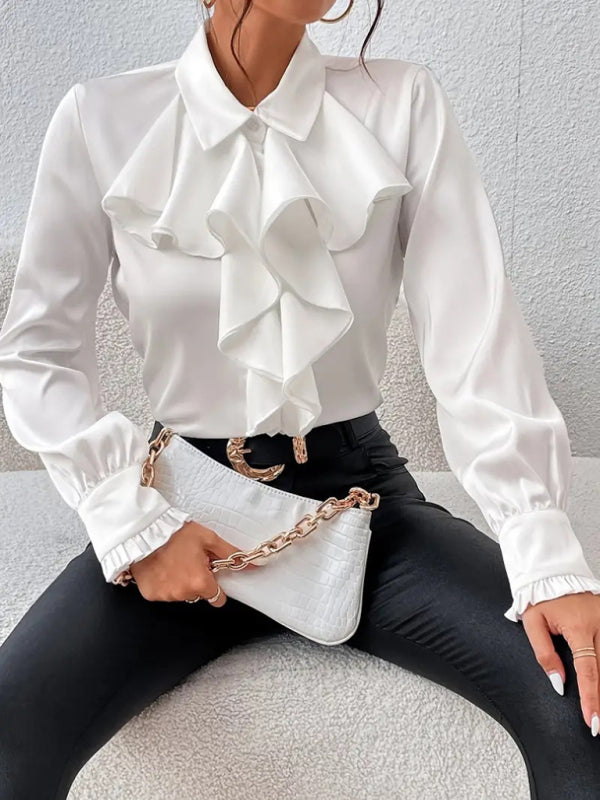 Ruffle Front Blouse Long Sleeve Women Shirt for Business Blouses | Chuzko.com