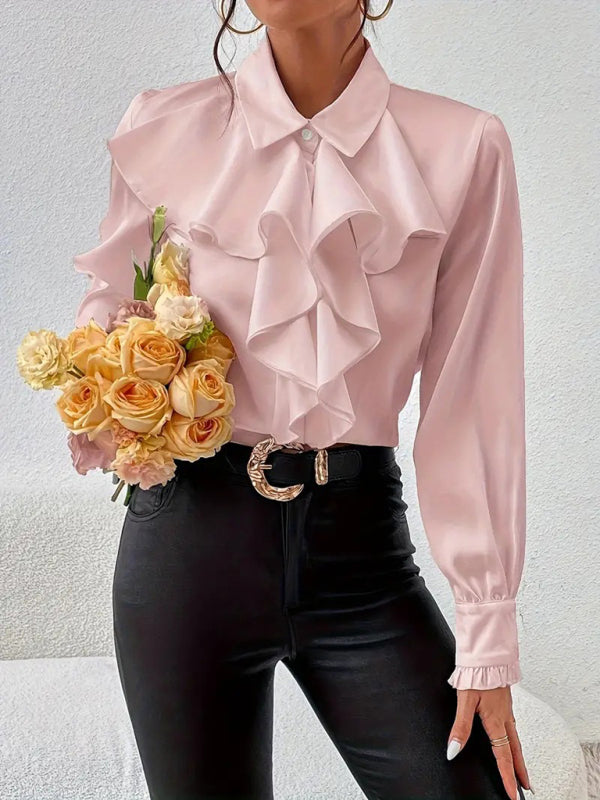 Ruffle Front Blouse Long Sleeve Women Shirt for Business Blouses | Chuzko.com