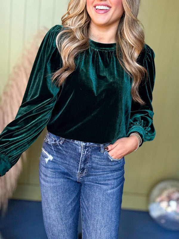 Holiday Velvet Blouse Velour Top with Bishop Sleeves Velvet Tops | Chuzko.com