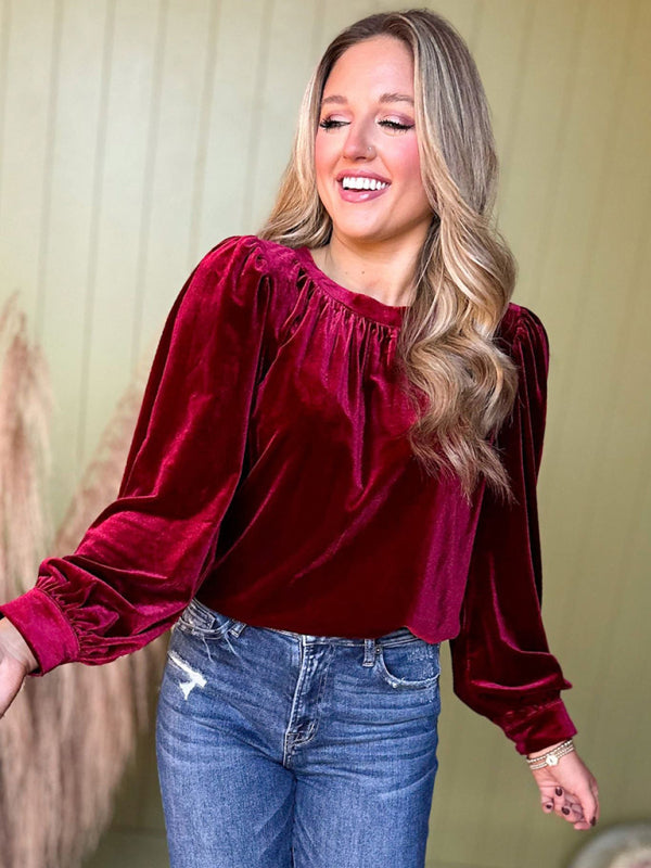 Holiday Velvet Blouse Velour Top with Bishop Sleeves Velvet Tops | Chuzko.com