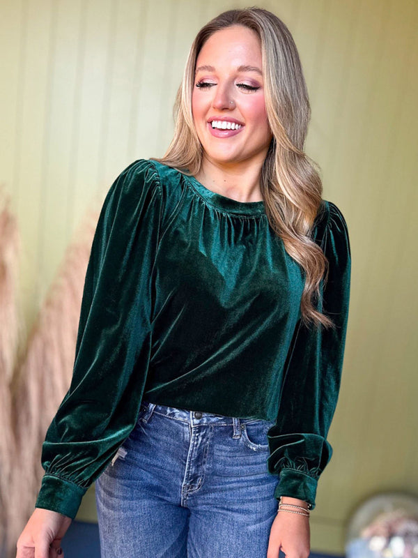 Holiday Velvet Blouse Velour Top with Bishop Sleeves Velvet Tops | Chuzko.com