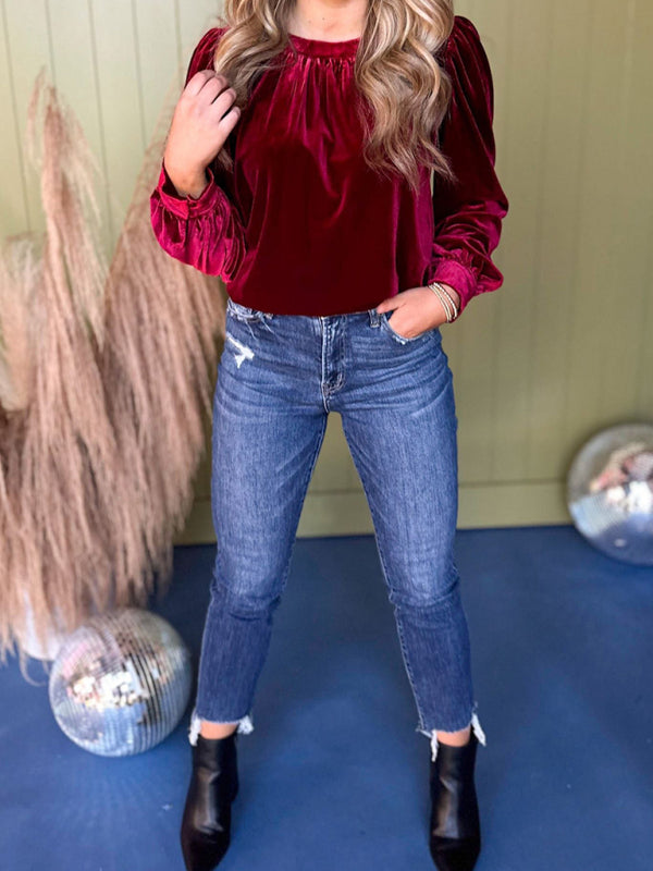 Holiday Velvet Blouse Velour Top with Bishop Sleeves Velvet Tops | Chuzko.com