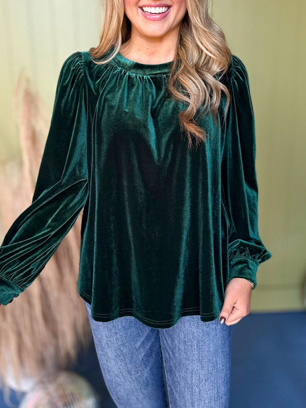 Holiday Velvet Blouse Velour Top with Bishop Sleeves Velvet Tops | Chuzko.com