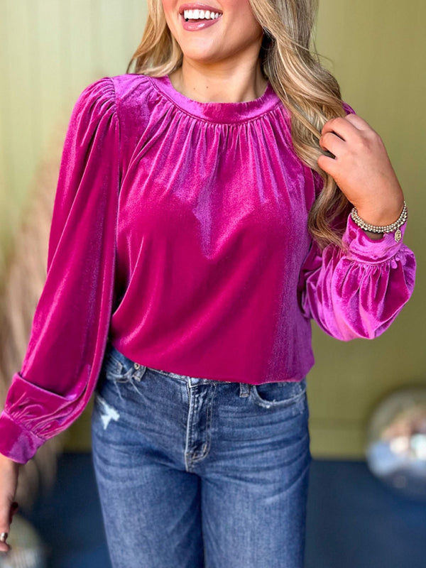 Holiday Velvet Blouse Velour Top with Bishop Sleeves Velvet Tops | Chuzko.com