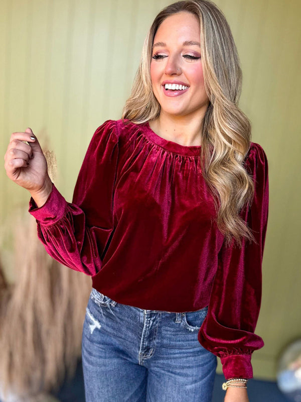 Holiday Velvet Blouse Velour Top with Bishop Sleeves Velvet Tops | Chuzko.com