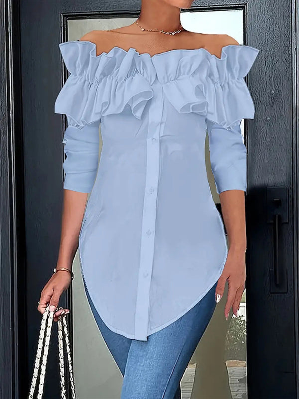 Off-Shoulder Ruffle Blouse Tailored Long Sleeve Top Blouses | Chuzko.com