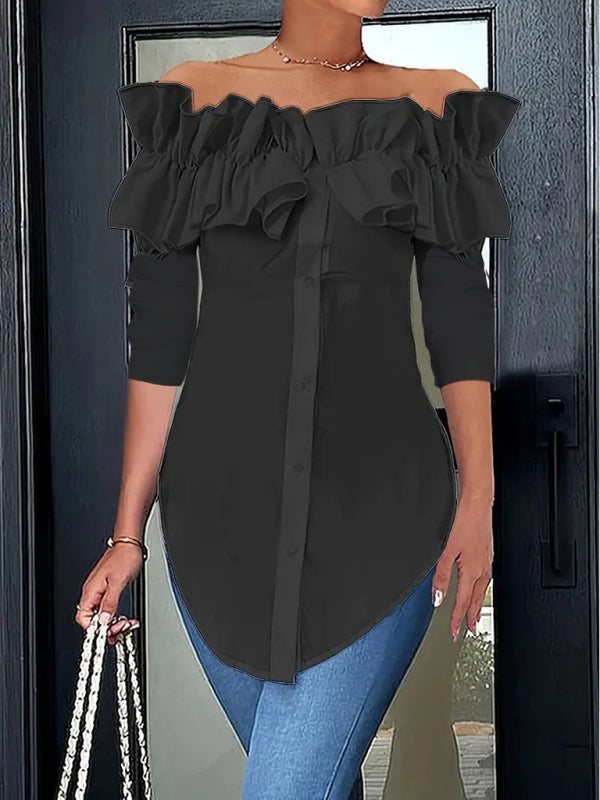 Off-Shoulder Ruffle Blouse Tailored Long Sleeve Top Blouses | Chuzko.com