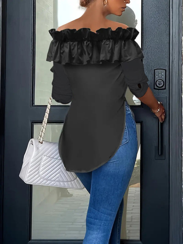 Off-Shoulder Ruffle Blouse Tailored Long Sleeve Top Blouses | Chuzko.com