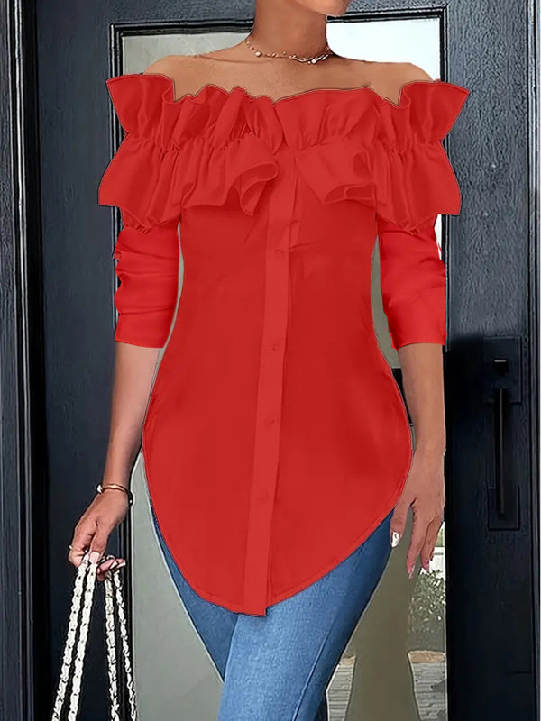 Chic Off-Shoulder Ruffle Blouse – High-Low Tailored Top	