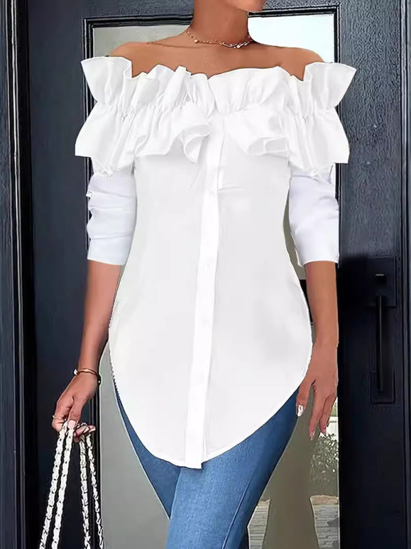 Off-Shoulder Ruffle Blouse Tailored Long Sleeve Top Blouses | Chuzko.com