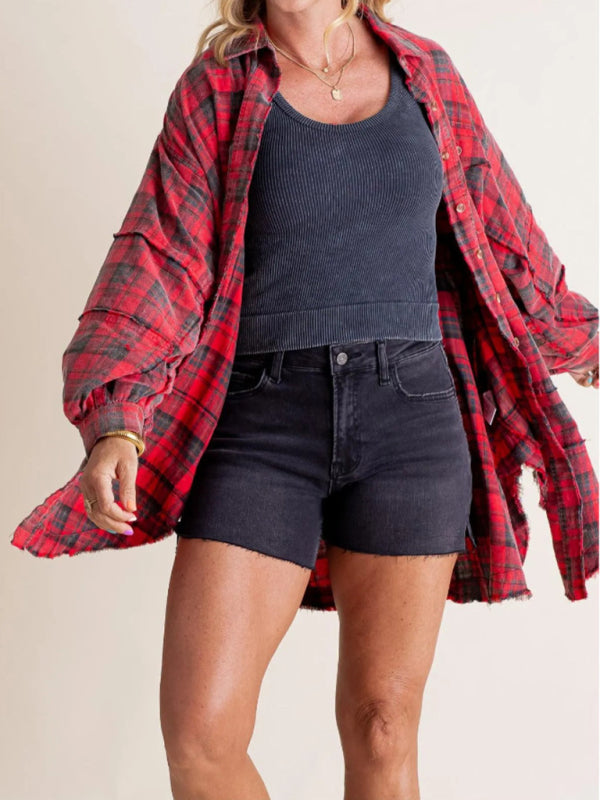 Oversized Plaid Shirt Everyday Frayed Layering Shirts | Chuzko.com