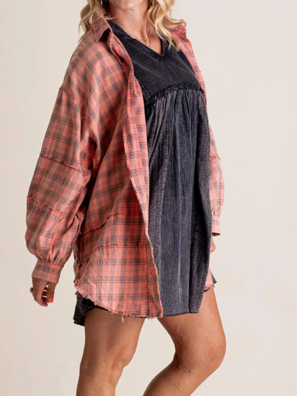 Oversized Plaid Shirt Everyday Frayed Layering Shirts | Chuzko.com