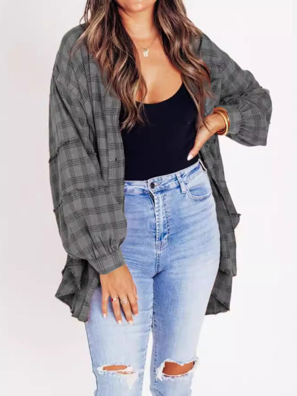 Oversized Plaid Shirt Everyday Frayed Layering Shirts | Chuzko.com