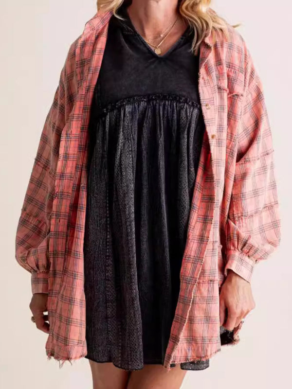 Oversized Plaid Shirt Everyday Frayed Layering Shirts | Chuzko.com