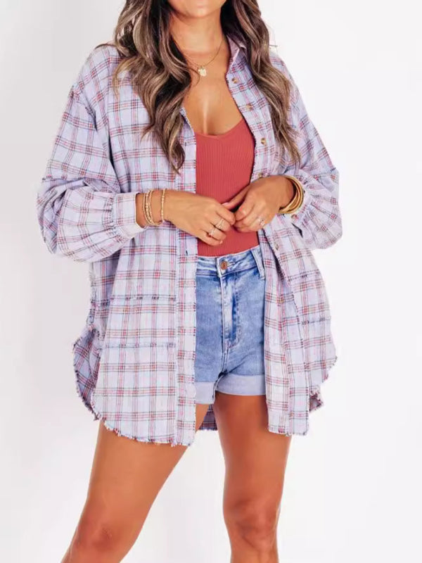 Oversized Plaid Shirt Everyday Frayed Layering Shirts | Chuzko.com