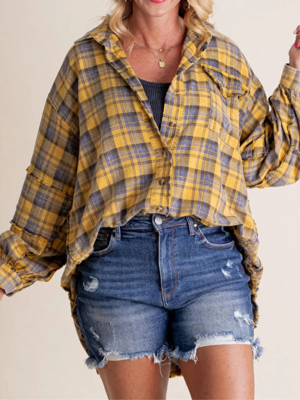 Oversized Plaid Shirt Everyday Frayed Layering Shirts | Chuzko.com