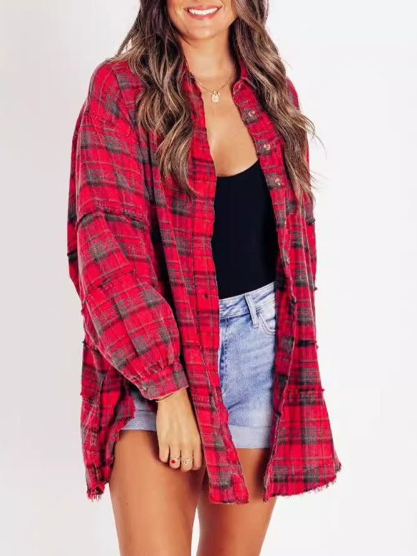 Oversized Plaid Shirt Everyday Frayed Layering Shirts | Chuzko.com