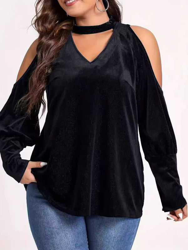 Chic Velvet Cold Shoulder Top with Glitter Detail	