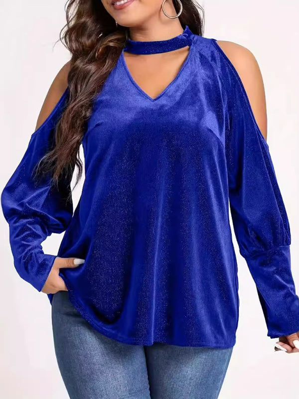 Velvet Cold Shoulder Top Glitter Velour Blouse Velvet Tops | Chuzko.com