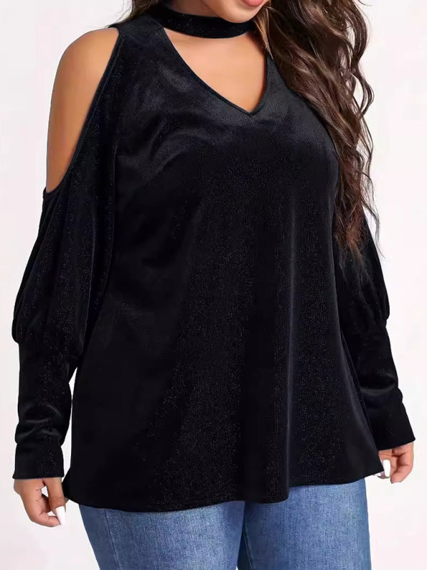 Velvet Cold Shoulder Top Glitter Velour Blouse Velvet Tops | Chuzko.com